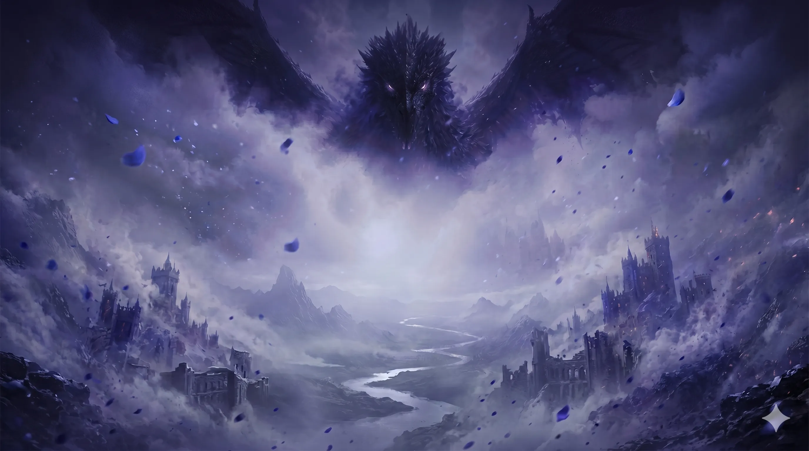 Epic dark fantasy landscape with a dragon looming over ruined castles