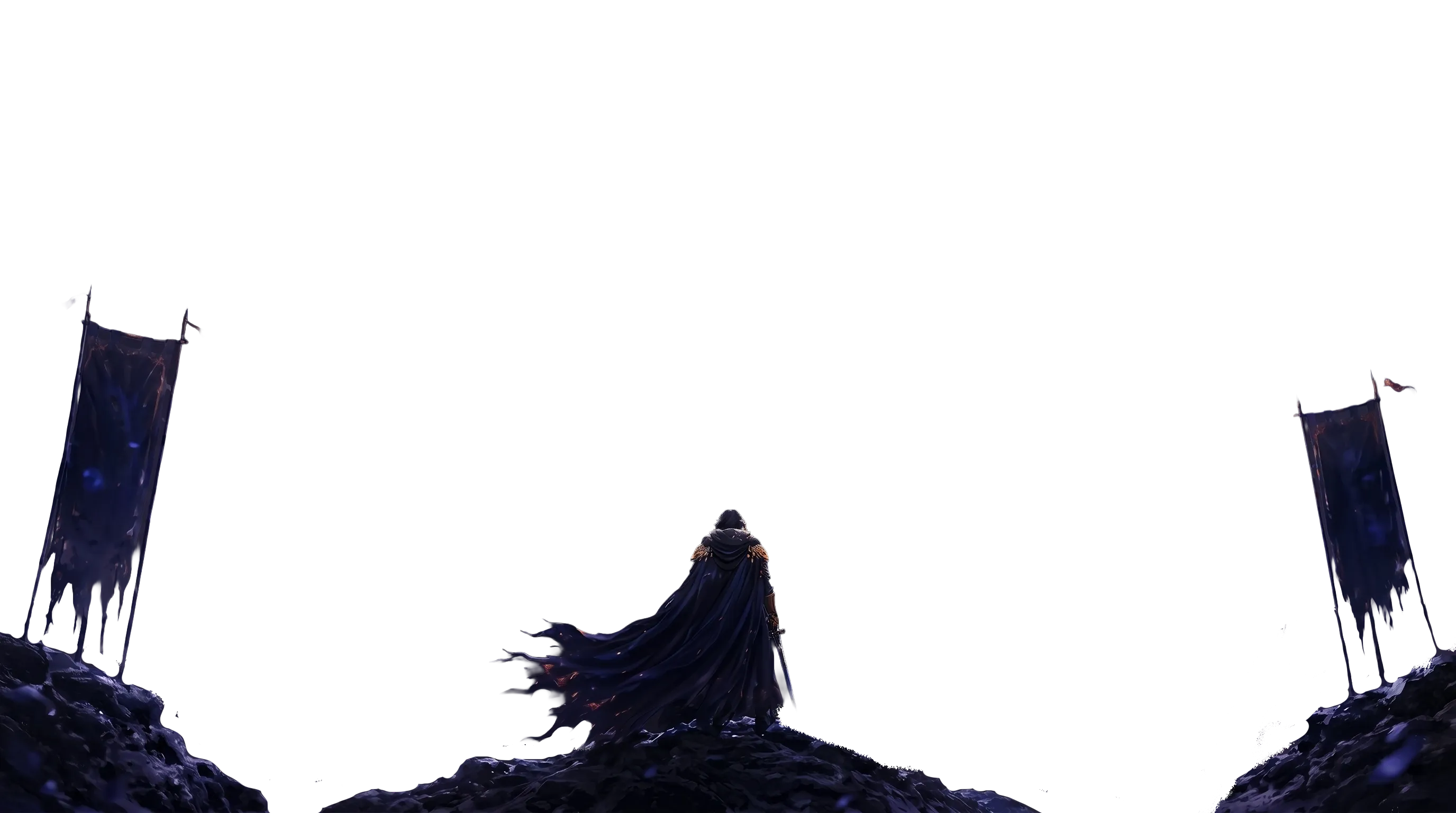 Dark knight standing atop a mountain with banners